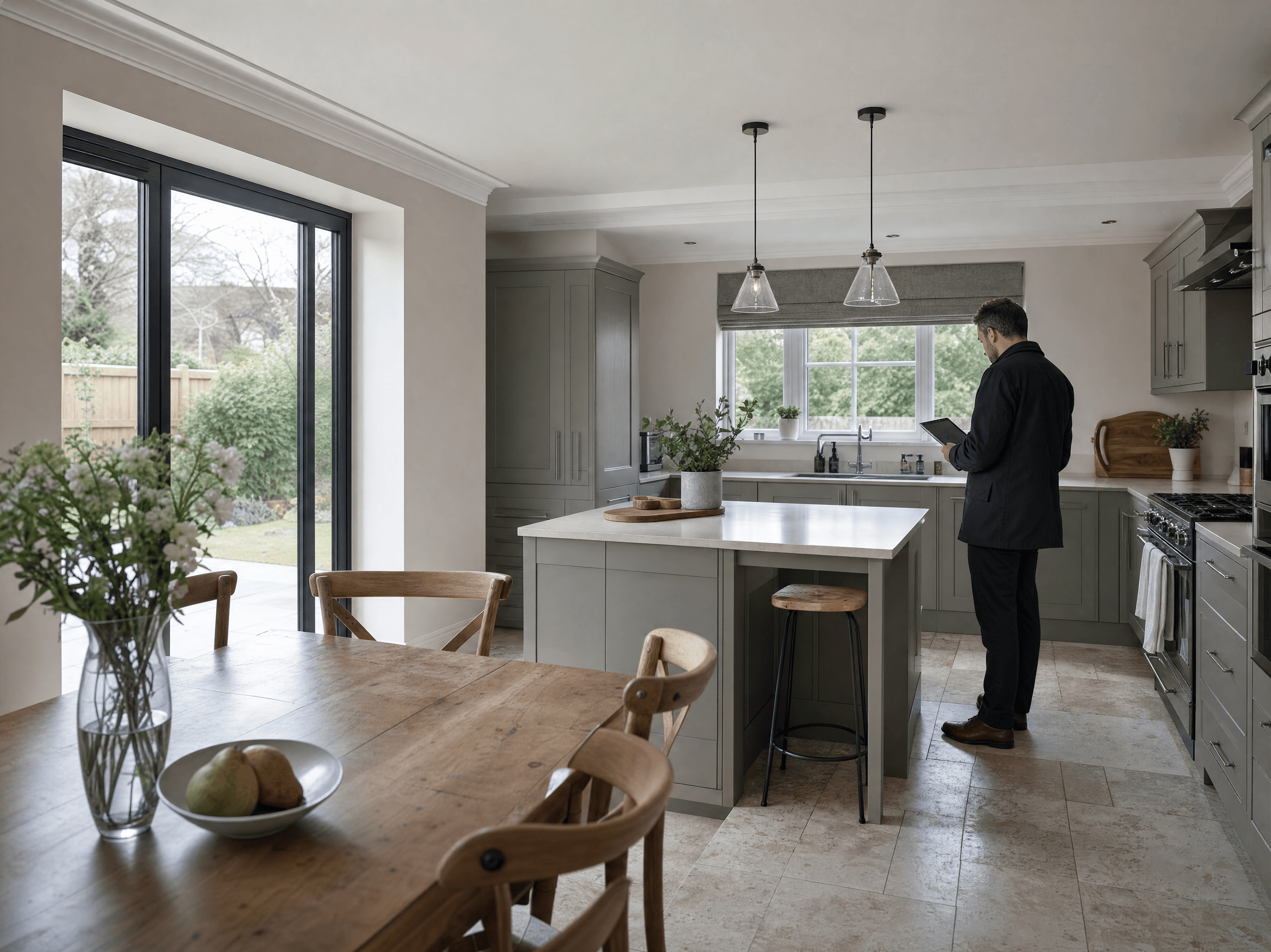 A kitchen and dining space with a property professional reviewing a tablet beside the kitchen island